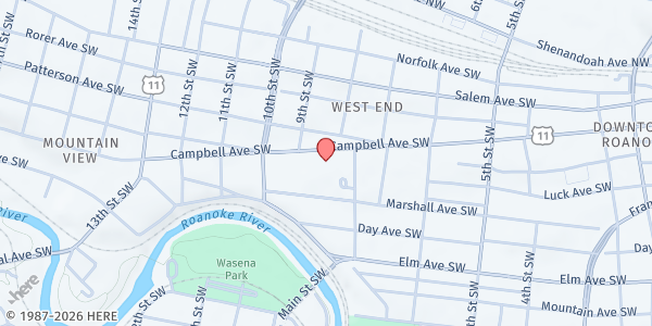 Map showing Saint Francis House - Food Distribution Center at 824 Campbell Ave SW, Roanoke, VA