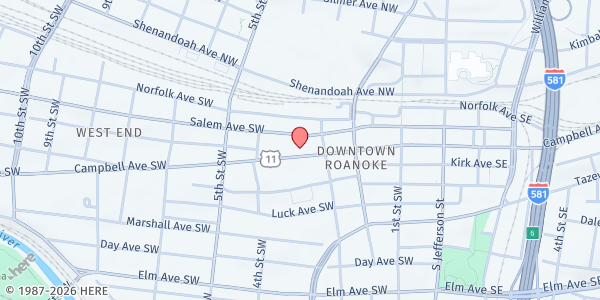 Map showing United Way of Roanoke Valley - Campbell Ave at 325 Campbell Ave SW #3624, Roanoke, VA