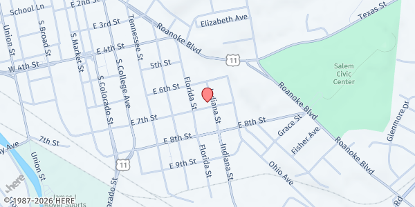 Map showing Salem / Roanoke County Food Pantry at 829 Indiana St, Salem, VA