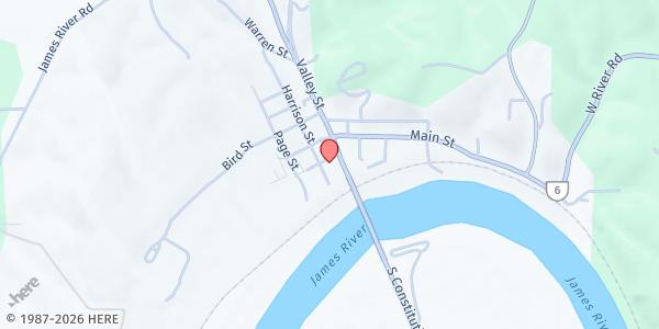 Map showing Scottsville Mobile Food Pantry at Scottsville Pavilion, 125 Fleet St., Scottsville, VA