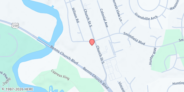 Map showing Smithfield Assembly of God at 1800 S Church St, Smithfield, VA