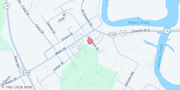 Map showing Trinity United Methodist Church at 201 Cedar St, Smithfield, VA