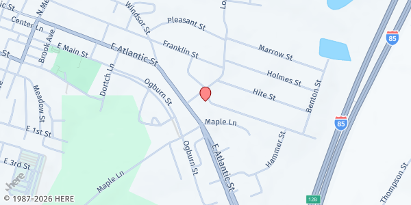 Map showing South Hill Bread Box at 604 Northington Street, South Hill, VA