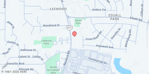 Map showing Springfield Christian Church at 5407 Backlick Rd., Springfield, VA