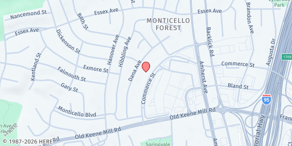 Map showing Springfield Gardens Community Center at 7224 Commerce Street, Springfield, VA