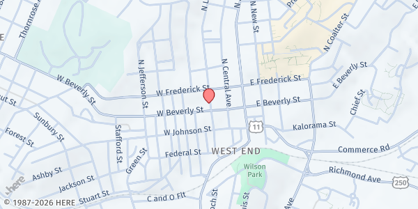 Map showing Central UMC Staunton VA - Food Distribution Center at 14 N Lewis St, Staunton, VA