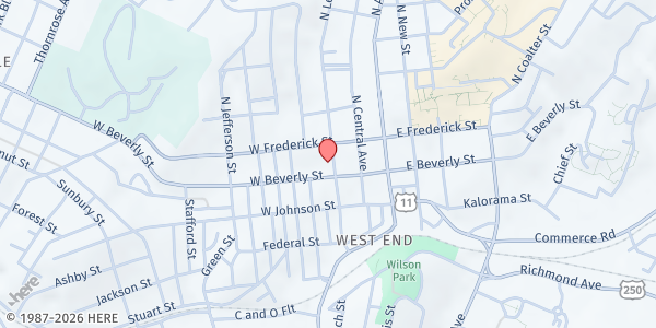 Map showing Central United Methodist Church at 14 N. Lewis St., Staunton, VA