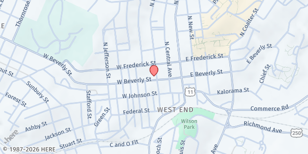 Map showing Central United Methodist Church (UMC) at 14 N Lewis Street, Staunton, VA