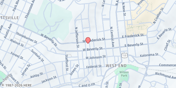 Map showing First Baptist Church of Staunton at 406 West Frederick Street, Staunton, VA
