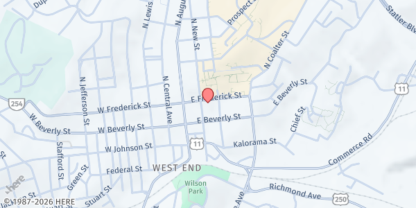 Map showing First Presbyterian Church - Staunton at 100 E. Frederick St., Staunton, VA