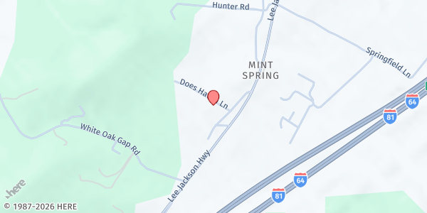 Map showing Helping Hands Food Pantry @ Mint Spring UMC - Food Distribution Center at 58 Mint Springs Cir, Staunton, VA