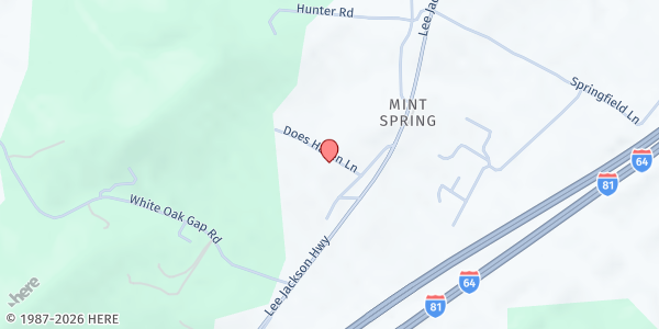 Map showing Mint Spring UMC at 58 Mint Spring Circle, Staunton, VA
