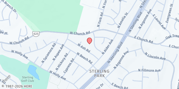 Map showing Sterling Park Baptist Church at 501 N York Rd, Sterling, VA