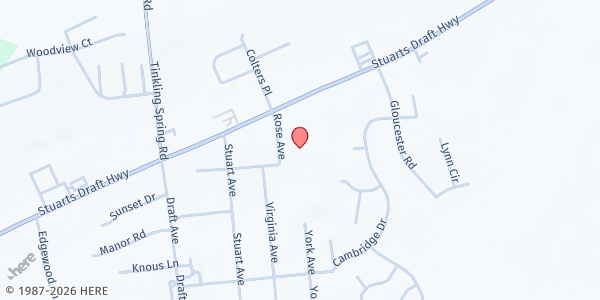 Map showing Destiny Family Center at 36 Rose Ave., Stuarts Draft, VA