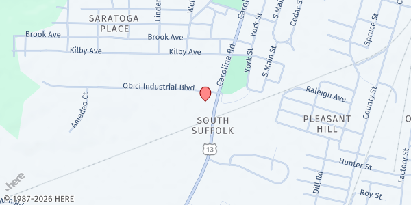 Map showing Greater Works Community Outreach Ministries at 1001 Obici Industrial Blvd, Suffolk, VA