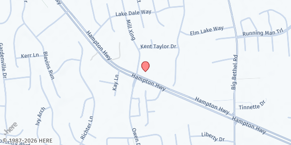 Map showing Breakthrough Worship Center at 1709 Hampton Highway, Tabb, VA