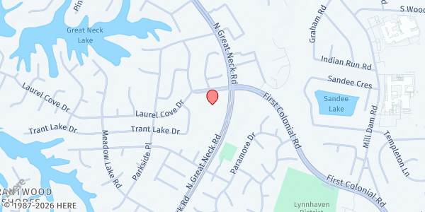 Map showing Church of the Holy Family Catholic Church at 1279 N. Great Neck Rd., Virginia Beach, VA