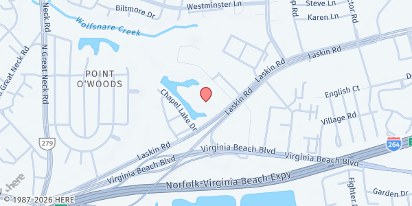 Map showing Eastern Shore Chapel at 2020 Laskin Rd., Virginia Beach, VA