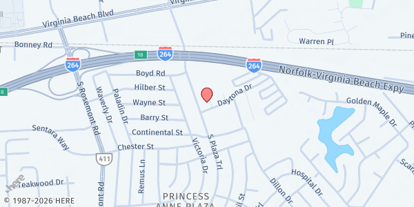 Map showing Miracle and Revival Center at 156 S Plaza Trail, Virginia Beach, VA