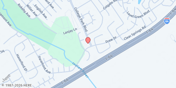 Map showing New Beginnings Church of Christ Food Bank at 6400 Drew Dr., Virginia Beach, VA