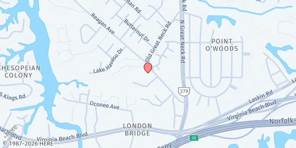 Map showing New Hope Baptist Church at 395 Old Great Neck Rd., Virginia Beach, VA