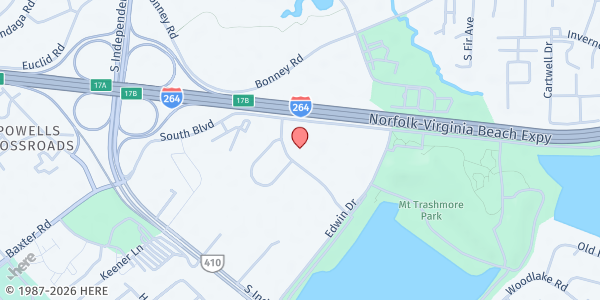 Map showing Vineyard Community Church at 4444 Expressway Dr., Virginia Beach, VA