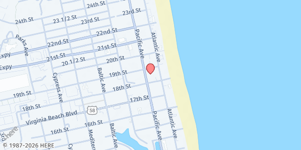 Map showing Virginia Beach United Methodist Church at 212 19th St, Virginia Beach, VA