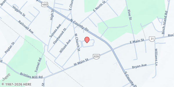 Map showing Wakefield United Methodist Church at 205 W. Church St., Wakefield, VA