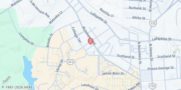Map showing Williamsburg House of Mercy at 10 Harrison Avenue, Williamsburg, VA