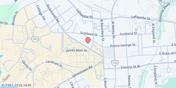 Map showing Williamsburg Presbyterian Church at 215 Richmond Road, Williamsburg, VA