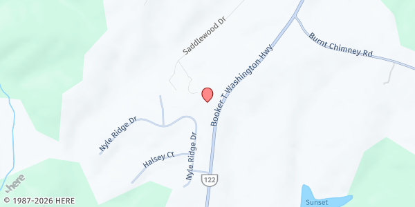 Map showing Burnt Chimney United Methodist Church at 6625 Booker T Washington Hwy, Wirtz, VA