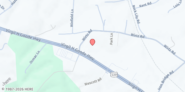 Map showing Faith Fellowship Church at 100 Wirtz Rd, Wirtz, VA