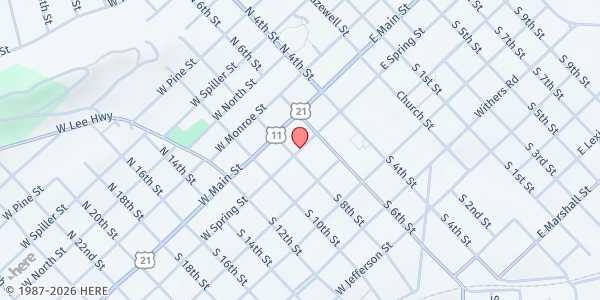 Map showing Agape Food Pantry - Food Distribution Center at 395 W Spring St, Wytheville, VA