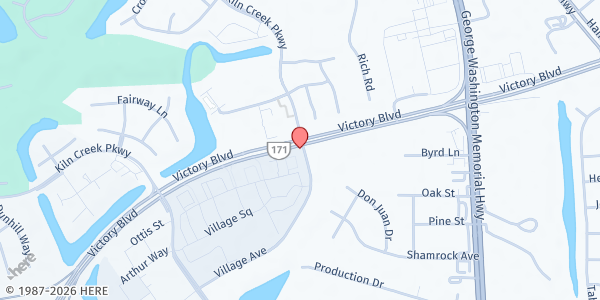 Map showing Coastal Community Church at 101 Village Avenue, Yorktown, VA