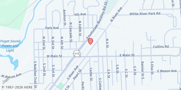 Map showing Buckley Kiwanis Food Bank at 127 River Avenue, Buckley, WA