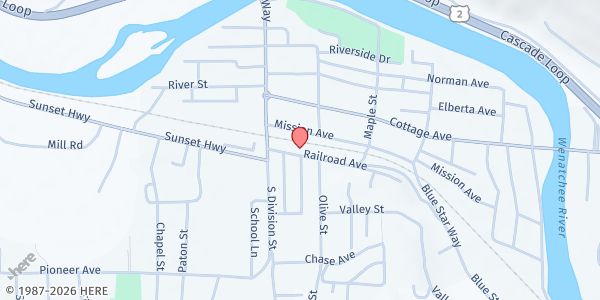 Map showing Cashmere Food Bank at 109 Railroad Avenue, Cashmere, WA