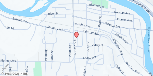Map showing Cashmere Food Bank at United Methodist Church at 213 S Division St, Cashmere, WA