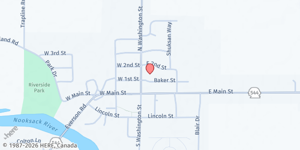 Map showing Nooksack Valley Food Bank at 100 E 2nd Street, Everson, WA