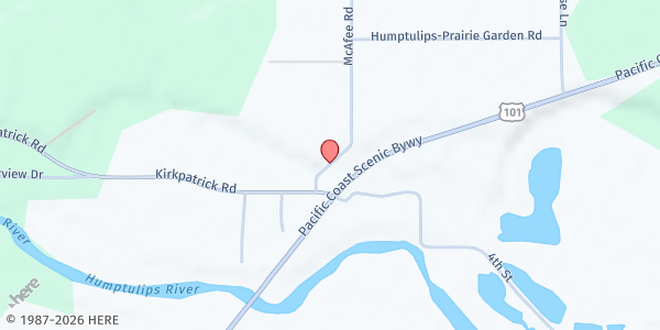 Map showing Humptulips Food Bank at 32 McAffee Rd, Humptulips, WA