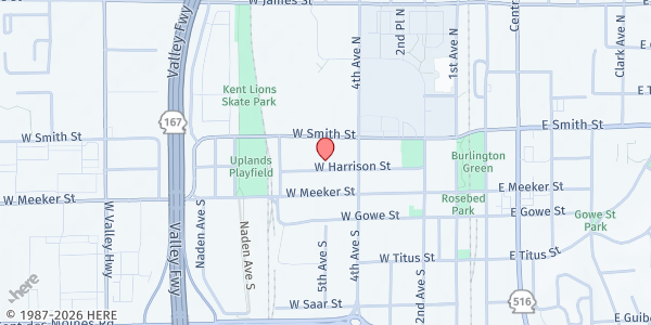 Map showing Kent Food Bank at 515 W. Harrison Street, Kent, WA