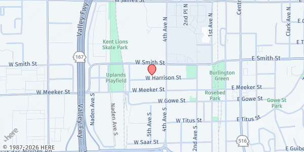 Map showing Kent Food Bank & Emergency Services at 515 W Harrison St #107, Kent, WA