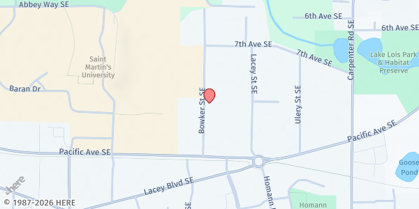 Map showing Sacred Heart Food Pantry at 906 Bowker St, Lacey, WA