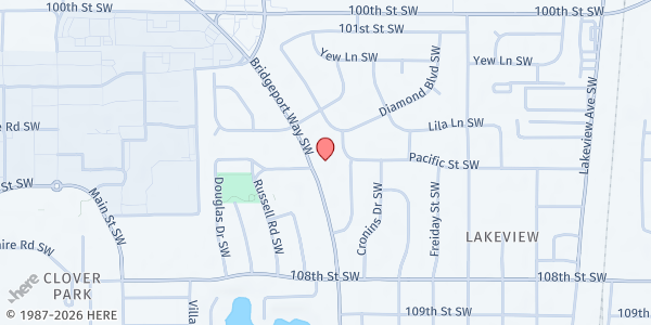Map showing Prince of Peace Food Closet at 10333 Bridgeport Way Southwest, Lakewood, WA