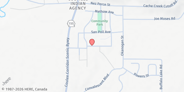 Map showing Okanogan County CAC - Nespelem - Food Distribution Center at 37 Lakes Ave, Nespelem, WA