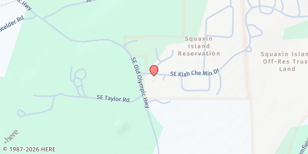 Map showing Squaxin Island Tribe Food Bank at 90 SE Klah-Che-Min Drive, New Kamilche, WA