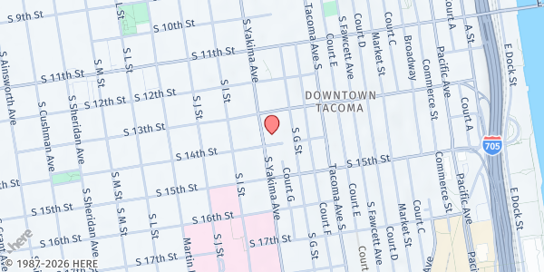 Map showing St. Leo's Food Connection at 1323 South Yakima Avenue, New Tacoma, WA