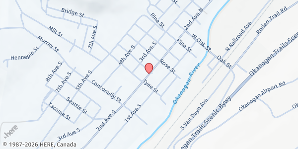 Map showing Okanogan Food Bank at 424 S 2nd Ave, Okanogan, WA