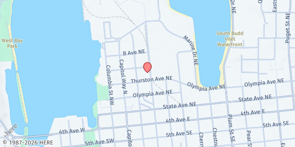 Map showing Olympia Union Gospel Mission Olympia - Food Distribution Center at 413 Franklin St NE, Olympia, WA