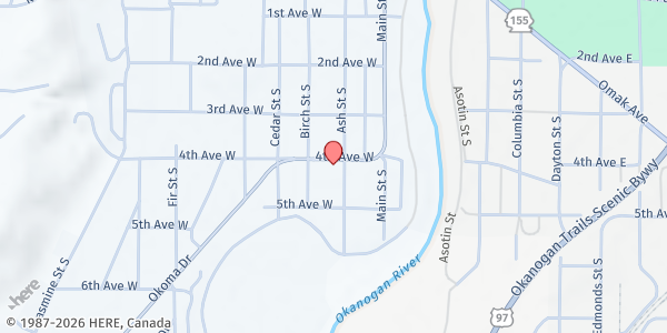 Map showing Omak Food Bank at 101 W 4th Ave, Omak, WA
