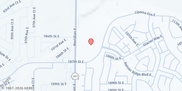 Map showing Nourish Pierce County Graham/South Hill Food Bank at 10425 187th Street East, Puyallup, WA